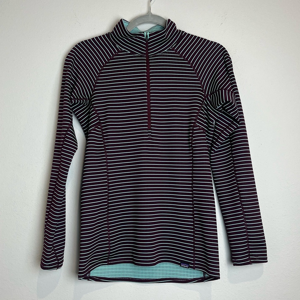 Patagonia Women’s Capilene Midweight Baselayer Zip Neck Maroon Blue Stripes XS